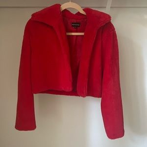 Prettylittlething red cropped fur coat size 6 xs